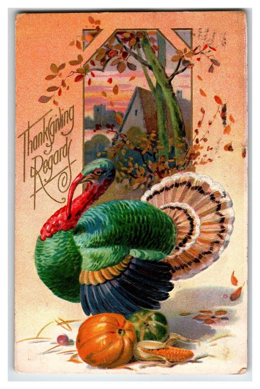 Vintage Thanksgiving Turkey Pumpkin Embossed Postcard Boston Maude 1900s